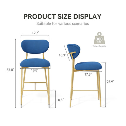 Velvet Bar Stools – 26” Height Gold Metal Legs Set of 2