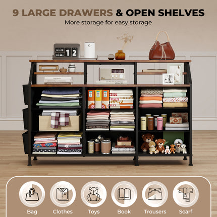 9-Drawer Fabric Storage Tower – Wood Top Metal Frame Side Pockets
