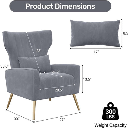 Velvet Wingback Accent Chair – Gold Legs, Lumbar Pillow, High Back