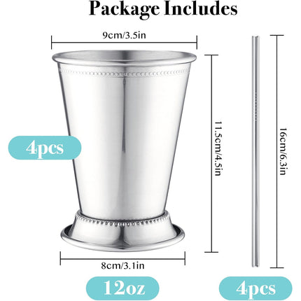 12oz Stainless Steel Mint Julep Cups Set of 4 with Straws
