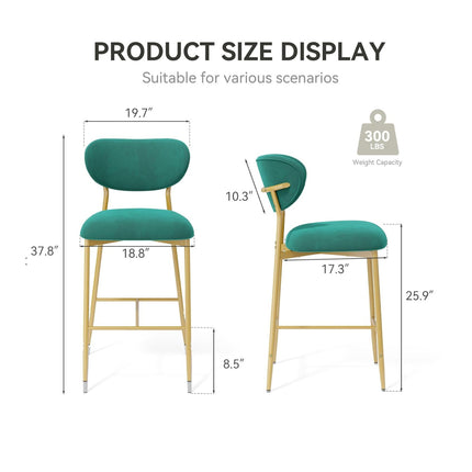 Velvet Bar Stools – 26” Height Gold Metal Legs Set of 2