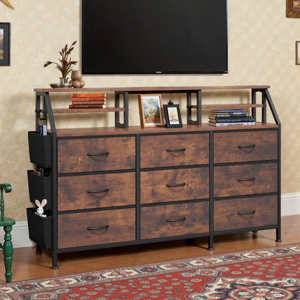 9-Drawer Fabric Storage Tower – Wood Top Metal Frame Side Pockets