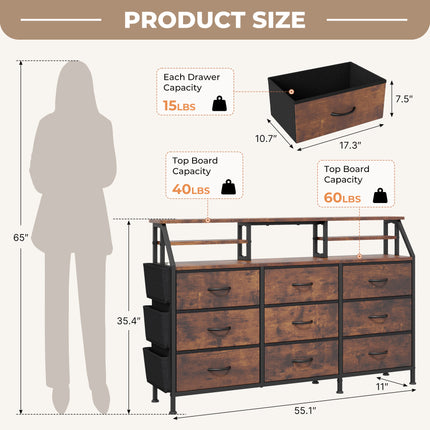9-Drawer Fabric Storage Tower – Wood Top Metal Frame Side Pockets