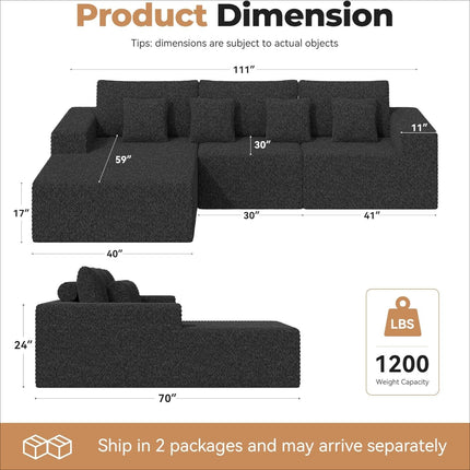 111” Modular L-Shaped Cloud Sofa – No Assembly Deep Seat