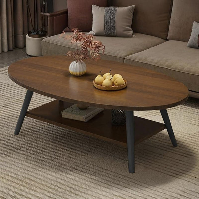 Oval 2-Tier Coffee Table – Solid Wood, Metal Frame