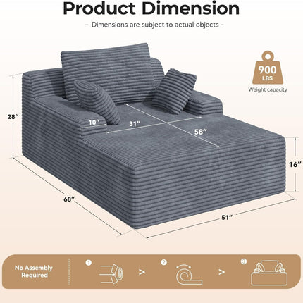51” Corduroy Chaise Lounge – Deep Seat, Sofa Bed, 2 Pillows