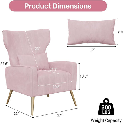 Velvet Wingback Accent Chair – Gold Legs, Lumbar Pillow, High Back