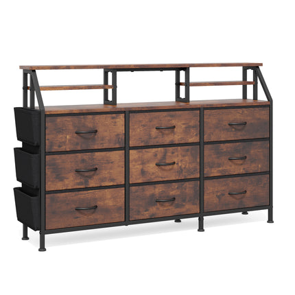 9-Drawer Fabric Storage Tower – Wood Top Metal Frame Side Pockets
