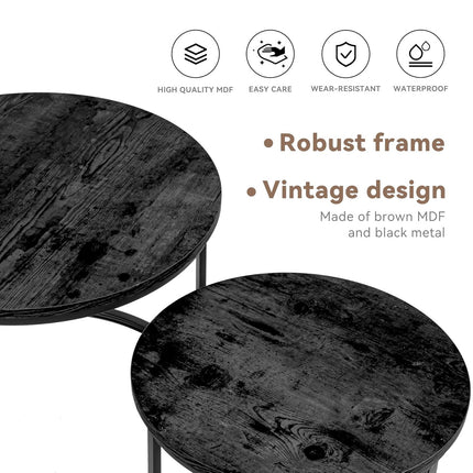 2-Pieces Round Side Table Set – Wooden Top, Metal Frame