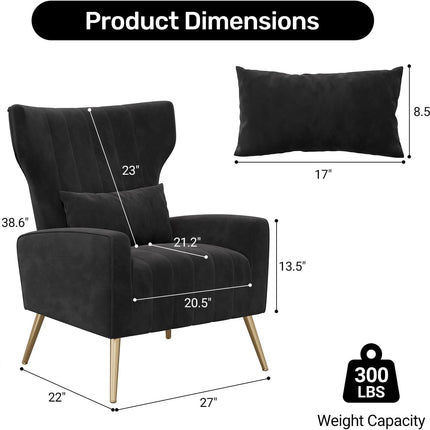 Velvet Wingback Accent Chair – Gold Legs, Lumbar Pillow, High Back