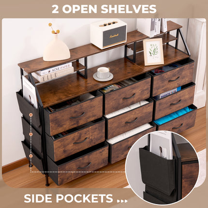 9-Drawer Fabric Storage Tower – Wood Top Metal Frame Side Pockets